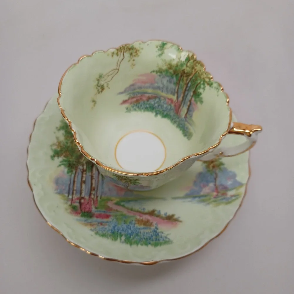 Aynsley Bone China Teacup and Saucer Set Woodland Landscape Green‎ Gold C493/2